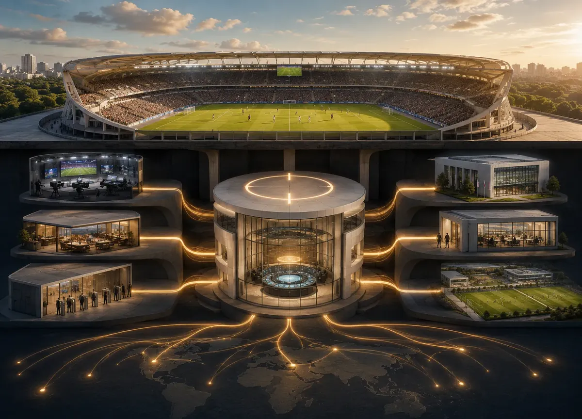 Conceptual illustration of a football stadium connected to media, hospitality and institutional systems through a central network.