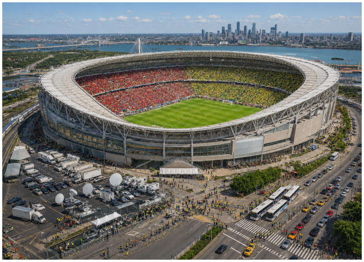 Aerial view of a packed football stadium surrounded by broadcast trucks and city infrastructure during a World Cup match.