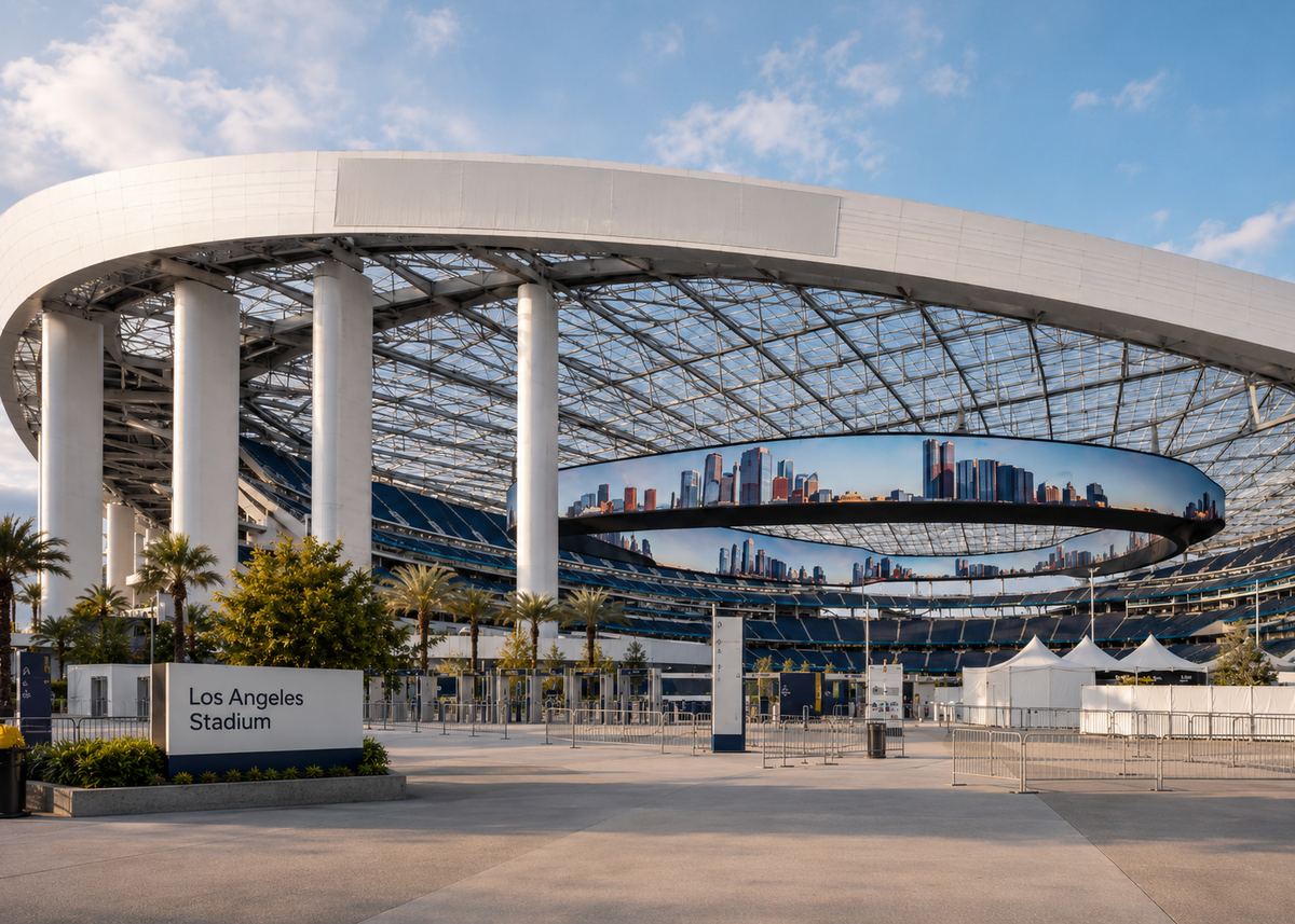 Exterior illustration of SoFi Stadium with its World Cup name shown as Los Angeles Stadium.