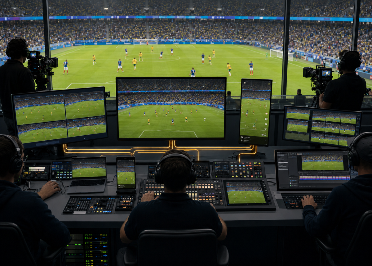 Broadcast control room showing the same football match across multiple screens and devices.
