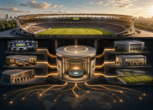Conceptual illustration of a football stadium connected to media, hospitality and institutional systems through a central network.