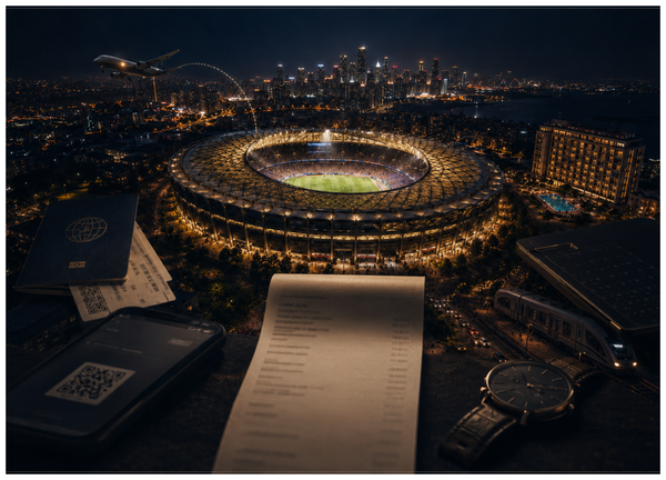 Night-time aerial illustration of a football stadium with travel documents in the foreground.