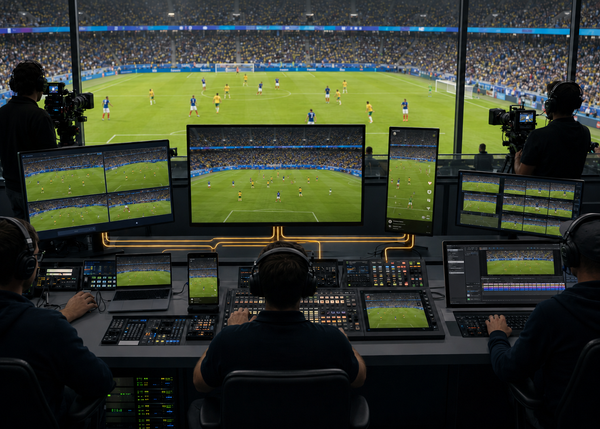 Broadcast control room showing the same football match across multiple screens and devices.