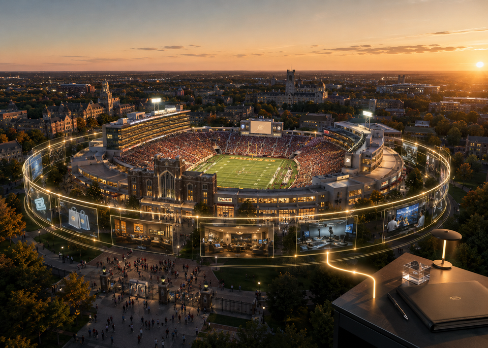 Aerial illustration of a college football stadium surrounded by commercial and investment activity.